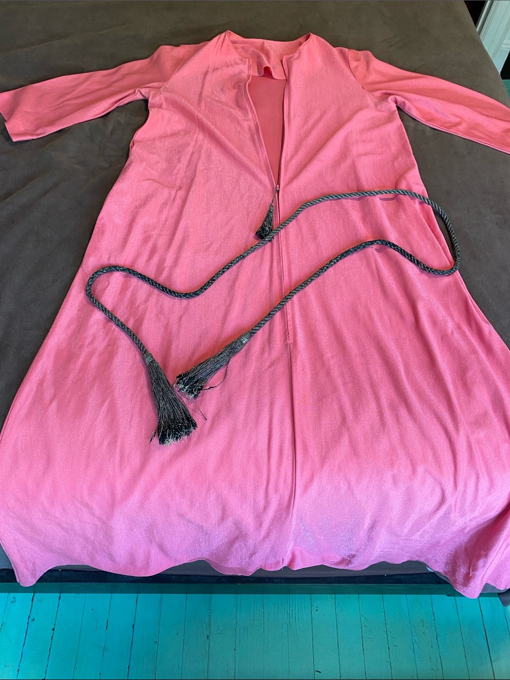 Vtg Handmade Pink Half-Zip Maxi Dress Kaftan Robe with Pockets & Belt